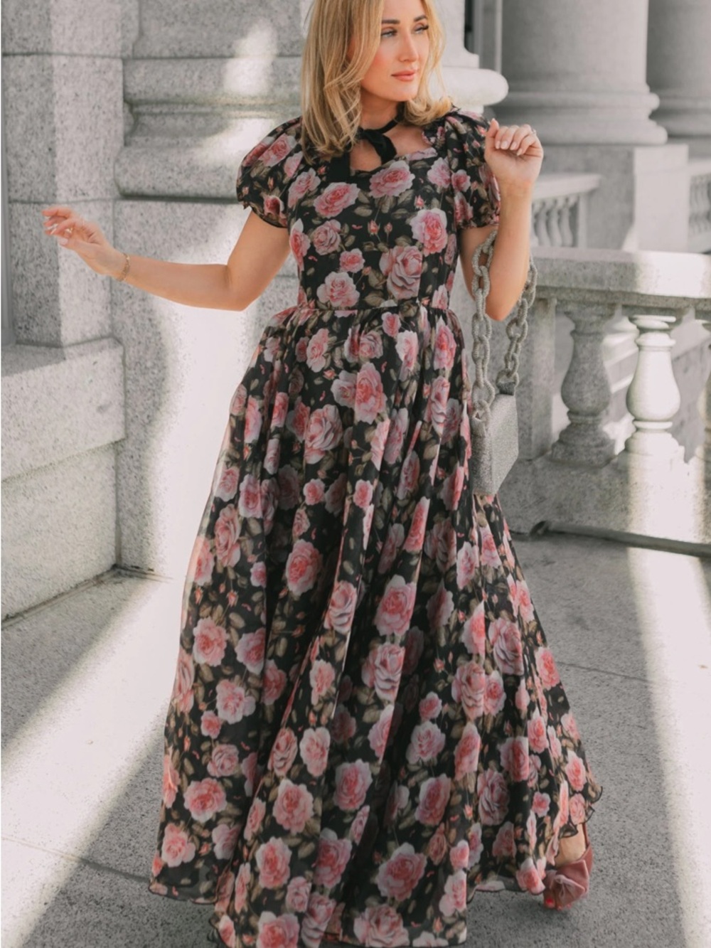 Ivy City Co Black Maxi Dress with Pink Rose Print